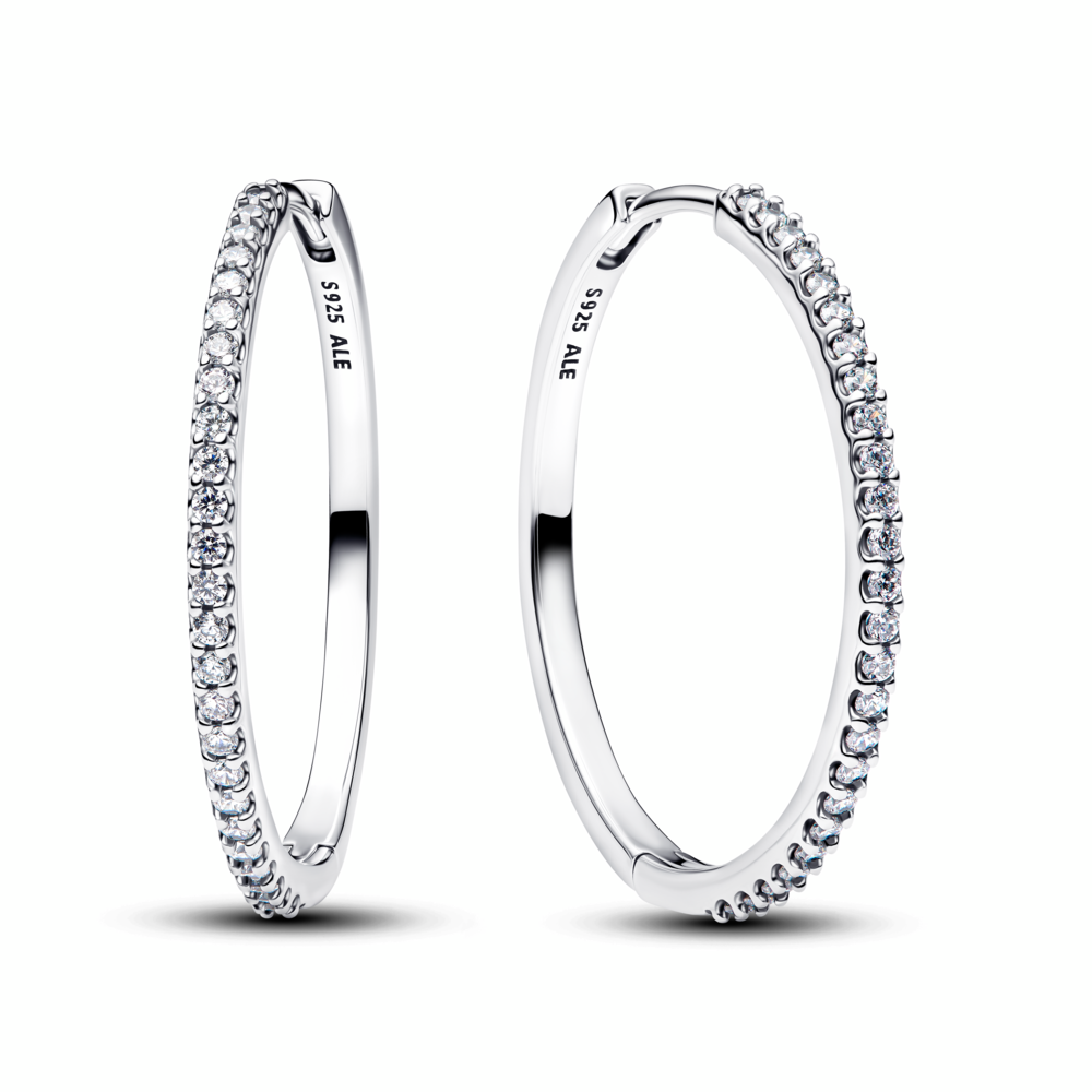 Sterling silver hoop earrings with clear cubic zirconia, 28 mm