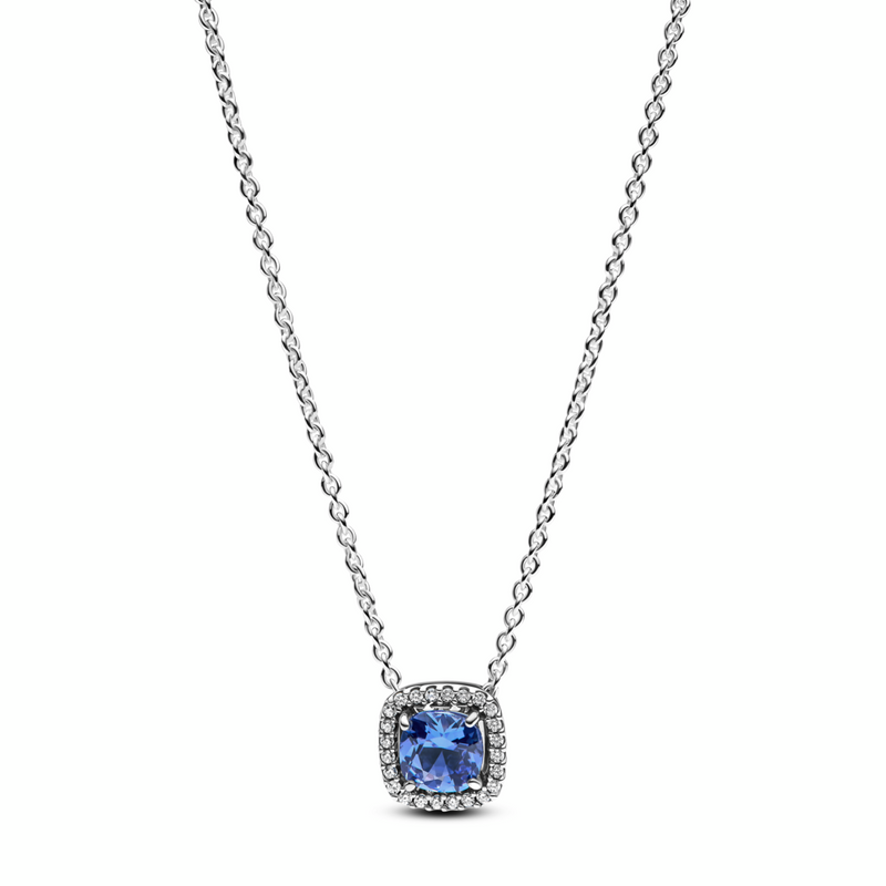 Sparkling Square Blue Halo Pendant Necklace