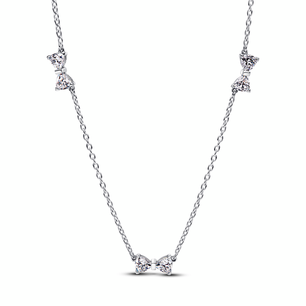 Bow sterling silver station chain necklace with clear cubic zirconia and sliding clasp