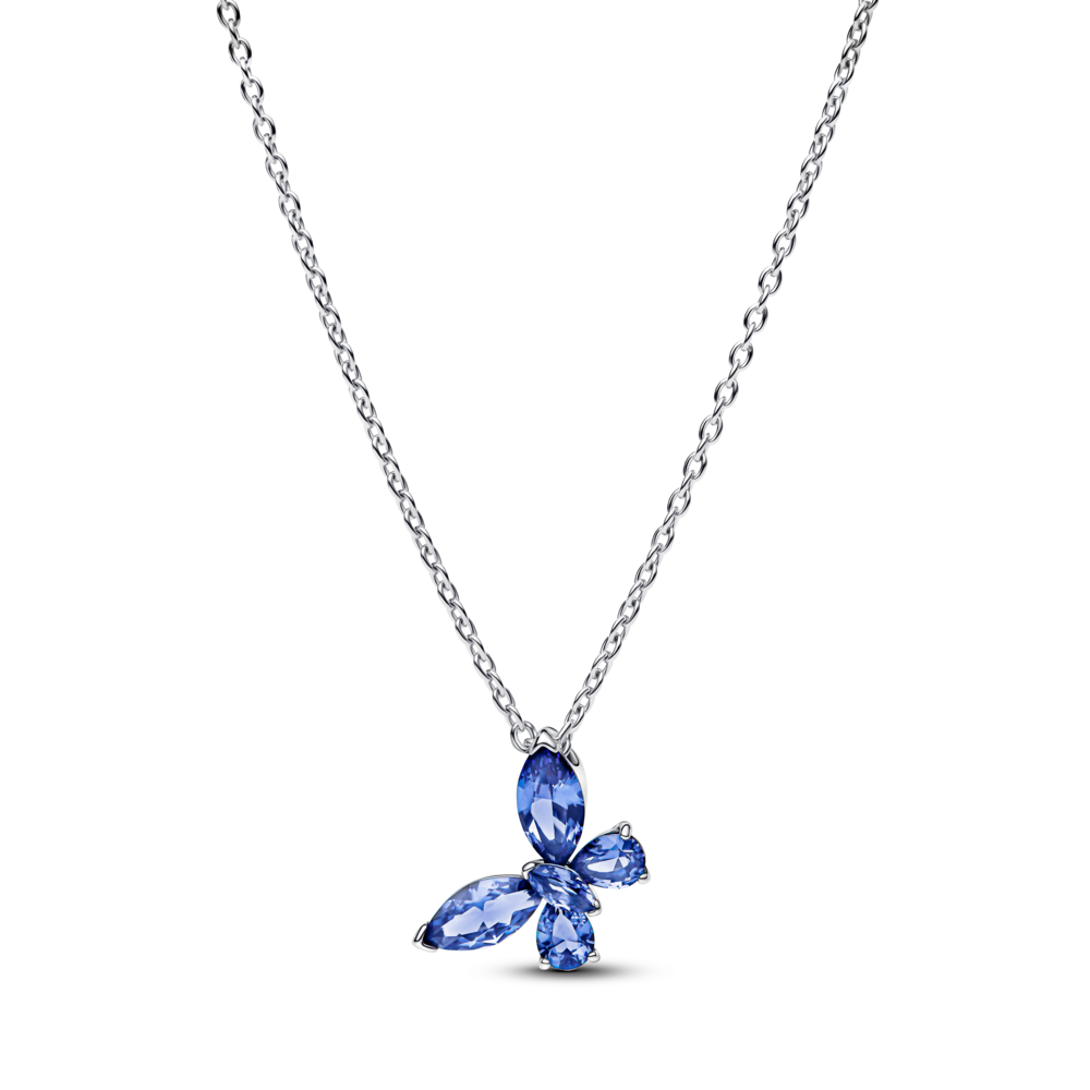 Butterfly sterling silver collier with cornflower blue crystal and clear cubic zirconia