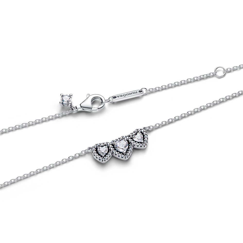 Triple heart sterling silver collier with clear cubic zirconia