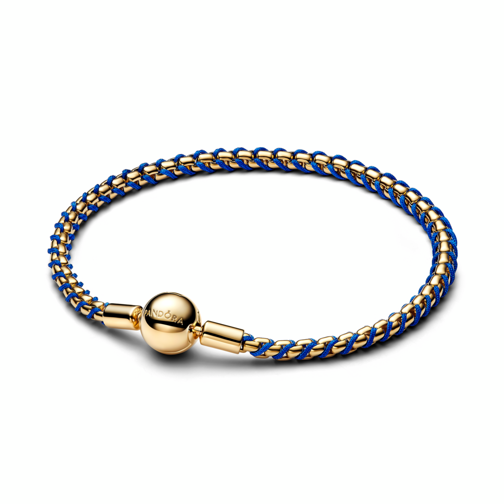 Braided 14k gold-plated box chain bracelet with blue textile cord