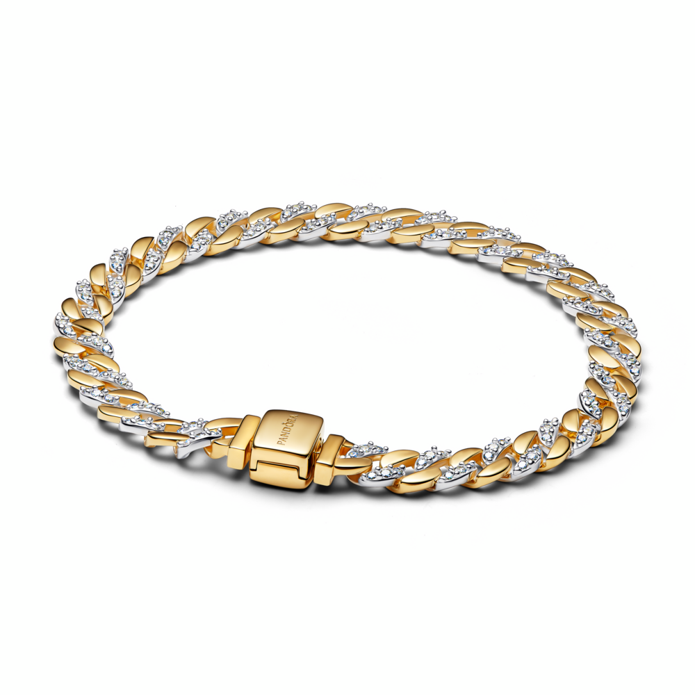 Cuban chain sterling silver and 14k gold-plated bracelet with clear cubic zirconia