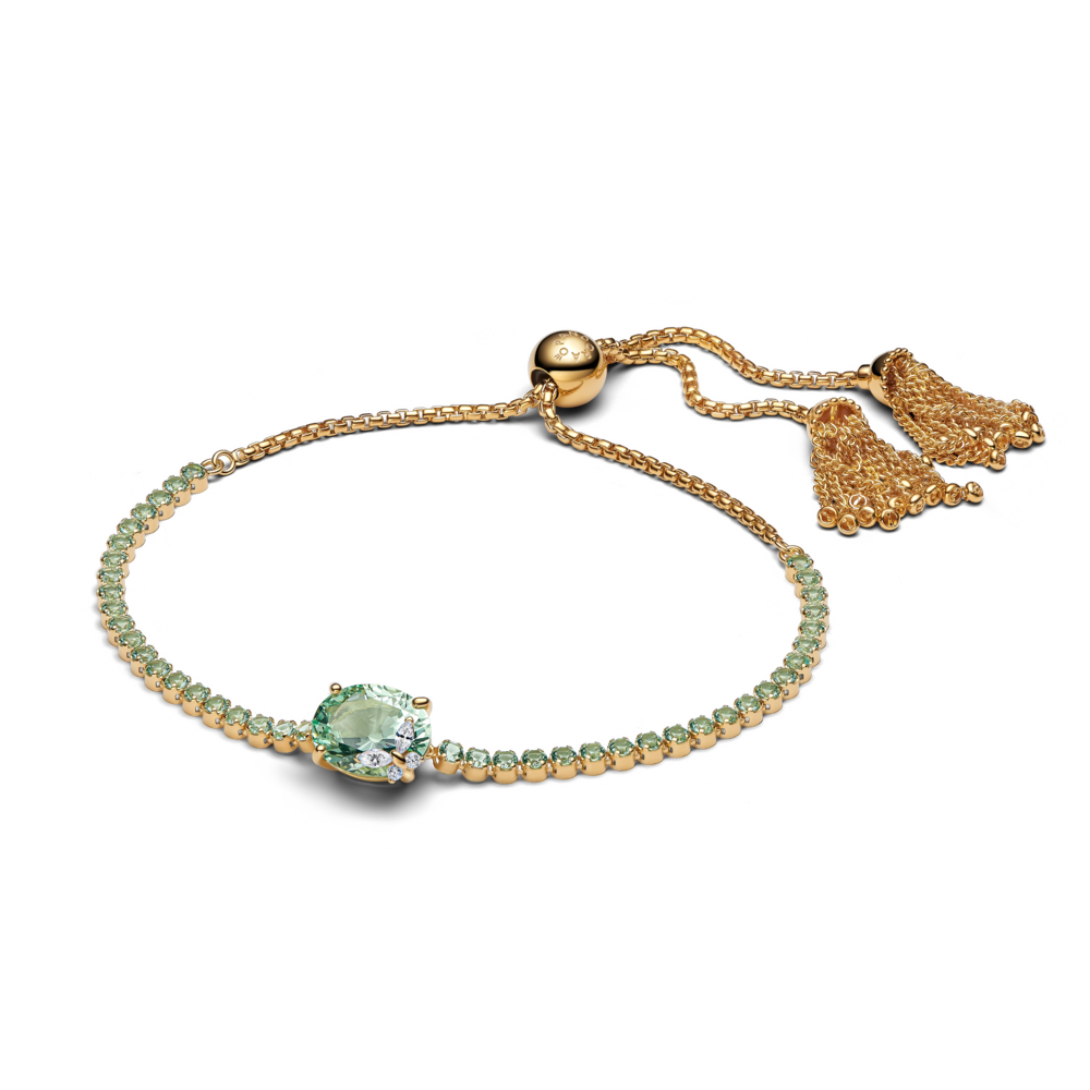Butterfly 14k gold-plated slider tennis bracelet with pastel green crystal and clear cubic zirconia