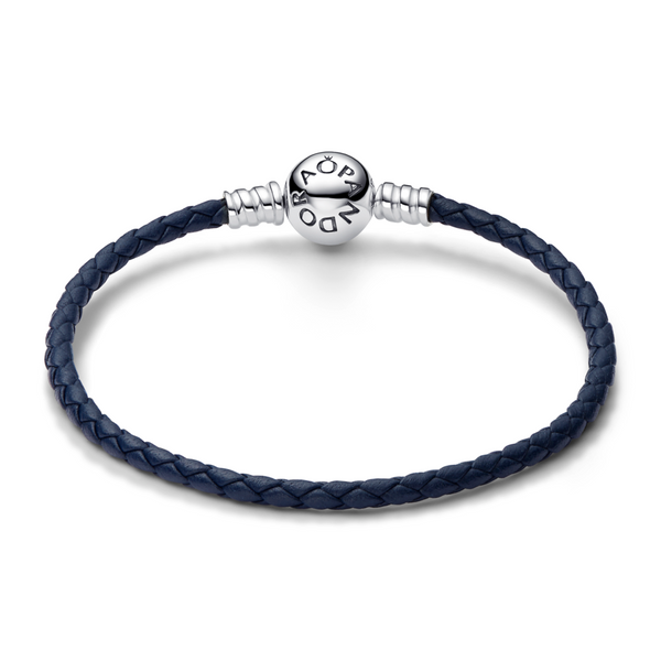 Pandora Moments Round Clasp Blue Braided Leather Bracelet