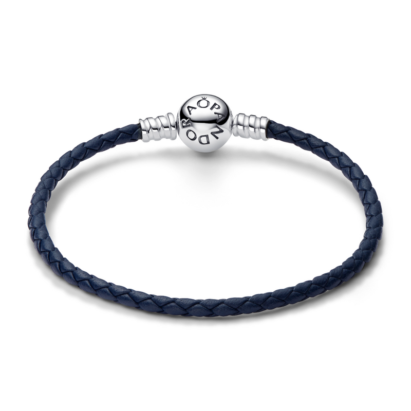 Pandora Moments | Round Clasp Blue Braided Leather Bracelet