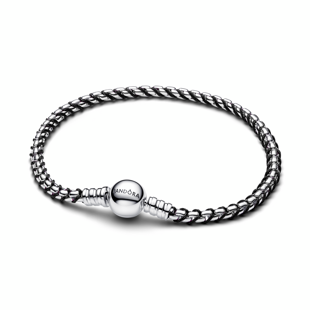 Braided sterling silver box chain bracelet with black textile cord
