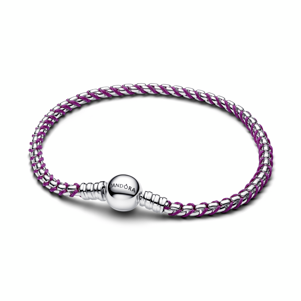 Braided sterling silver box chain bracelet with purple textile cord