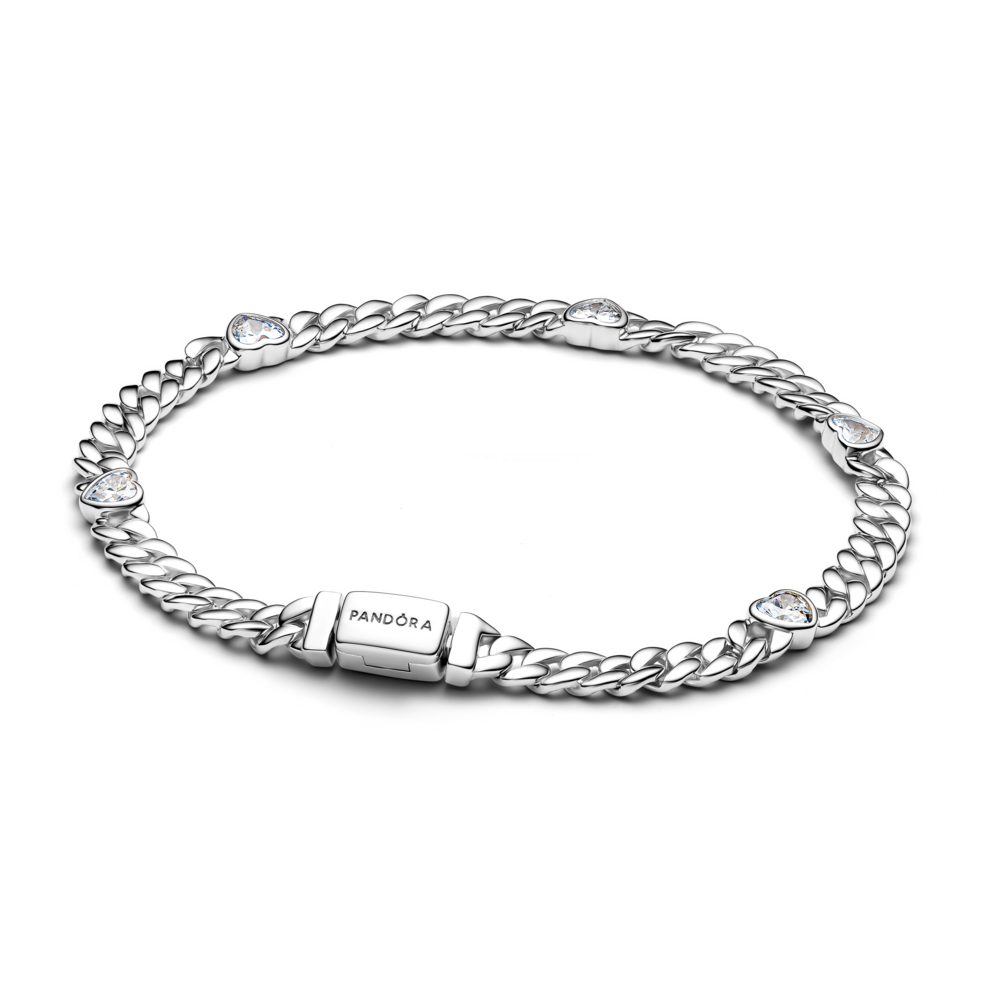 Heart cuban chain sterling silver bracelet with clear cubic zirconia