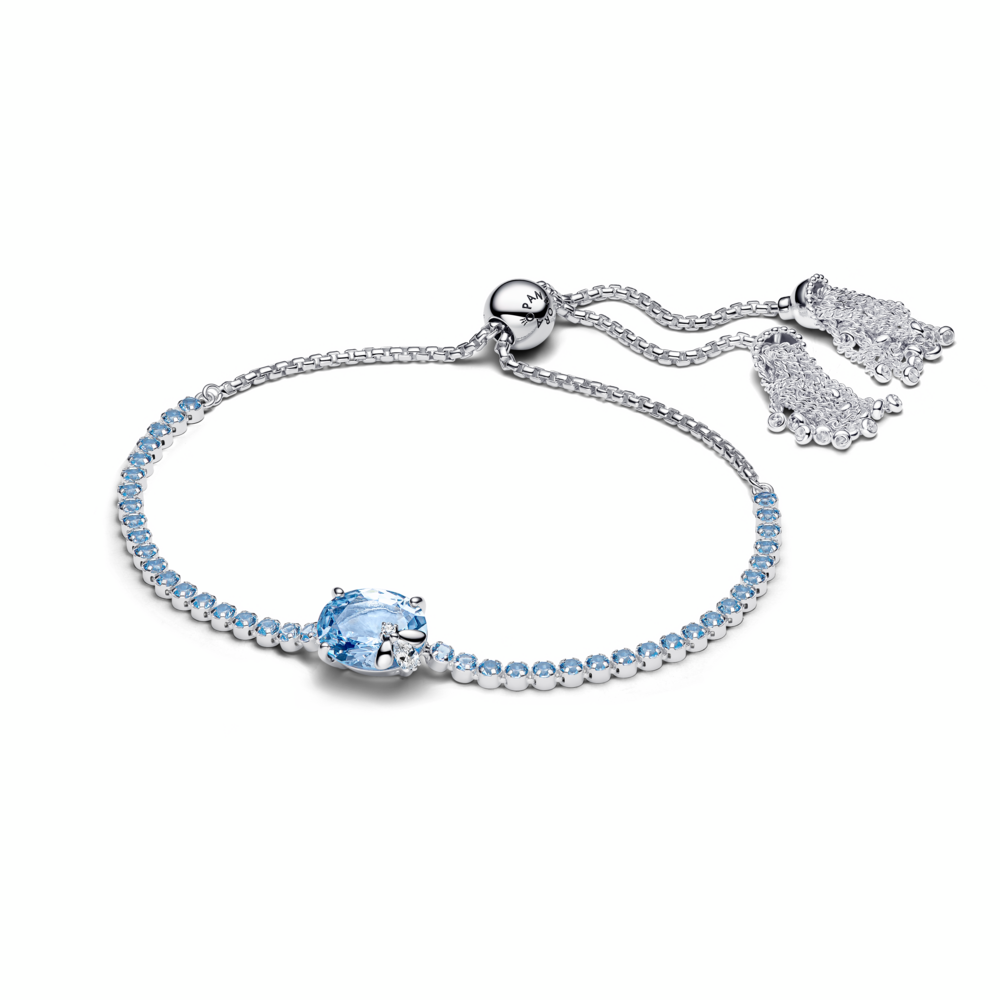 Bee sterling silver slider tennis bracelet with dream blue crystal and clear cubic zirconia