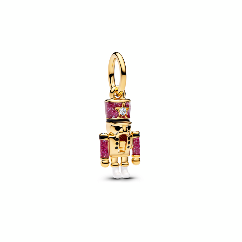Nutcracker 14k gold-plated dangle with clear cubic zirconia, glittery pink, black and white enamel