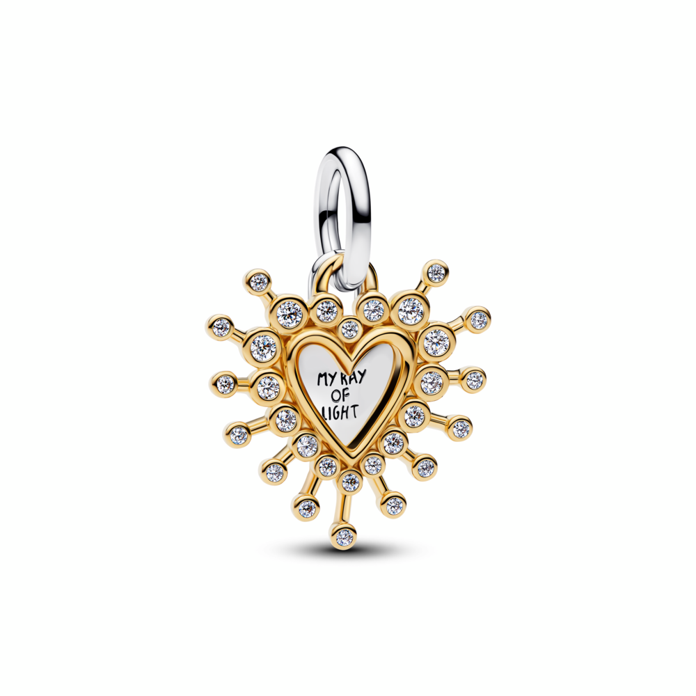 Heart sterling silver and 14k gold-plated double dangle with clear cubic zirconia