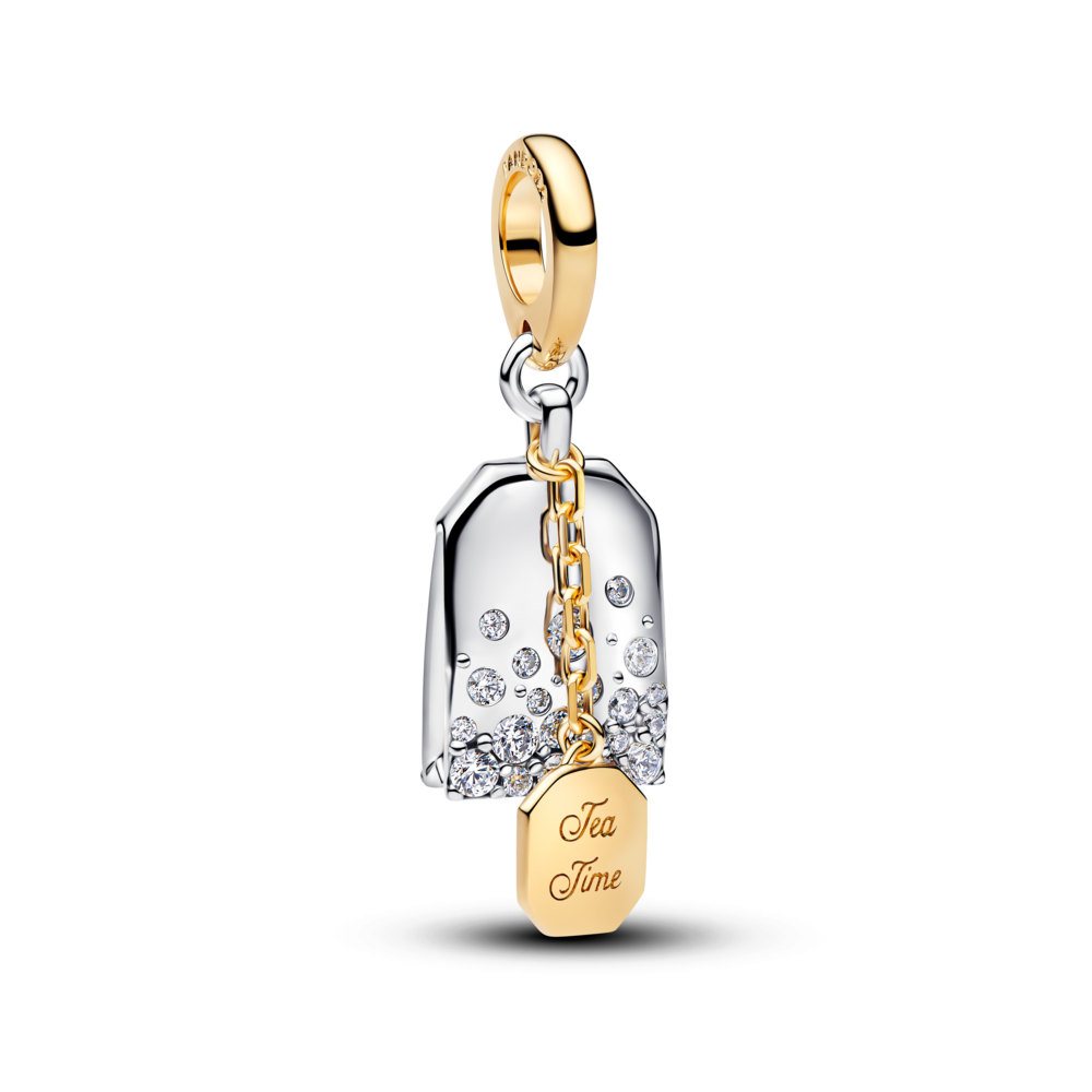 Tea bag sterling silver and 14k gold-plated dangle with clear cubic zirconia