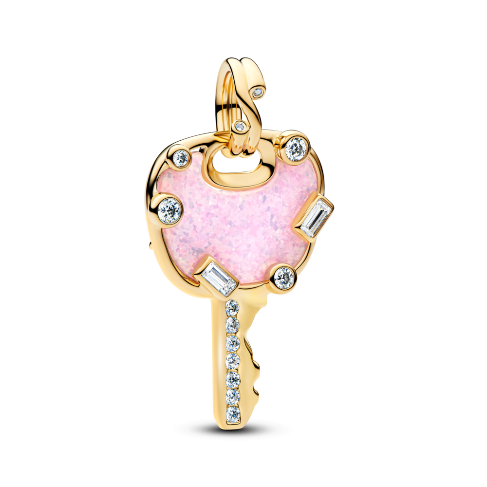 Love key 14k gold-plated dangle with clear cubic zirconia and lab-created pink opal