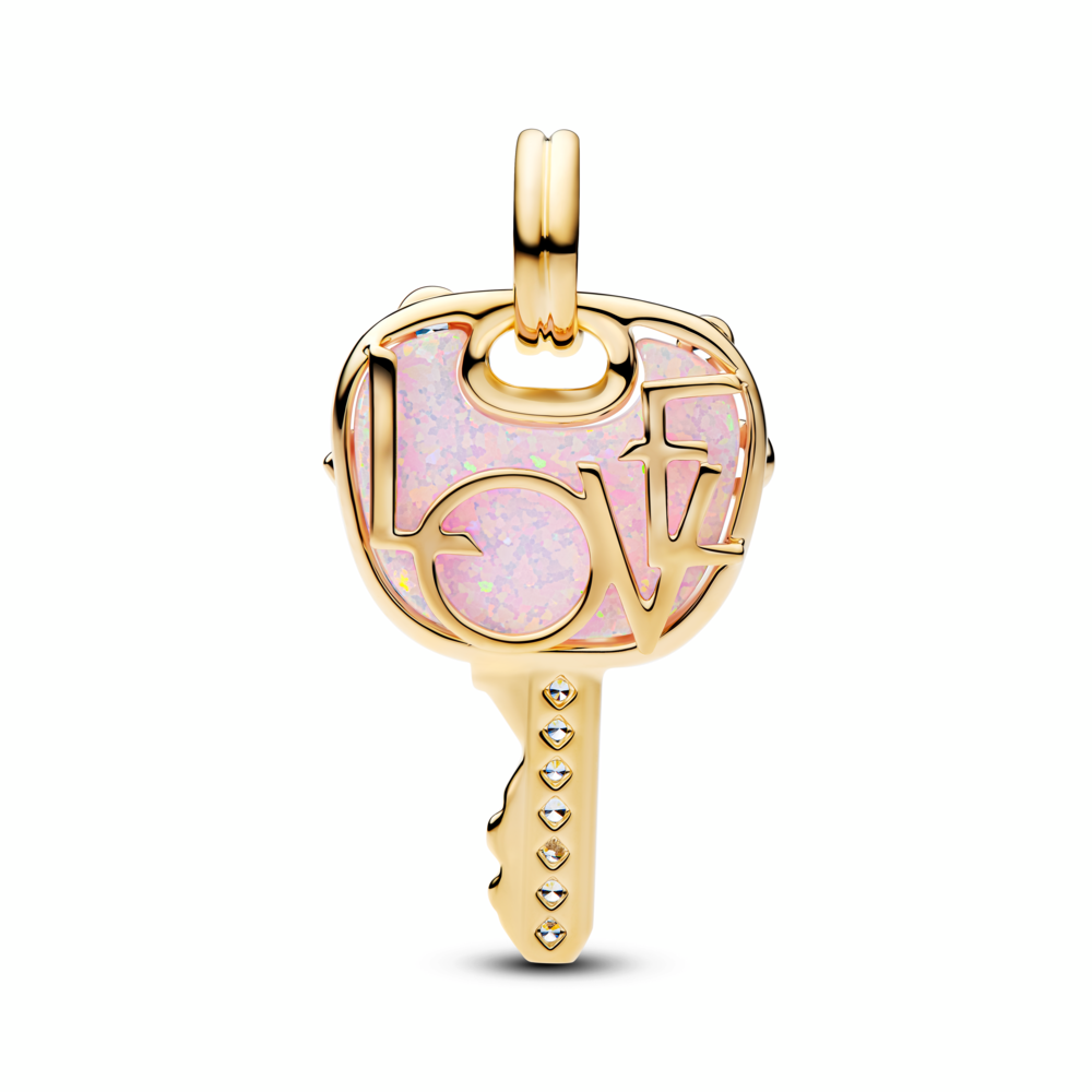 Love key 14k gold-plated dangle with clear cubic zirconia and lab-created pink opal