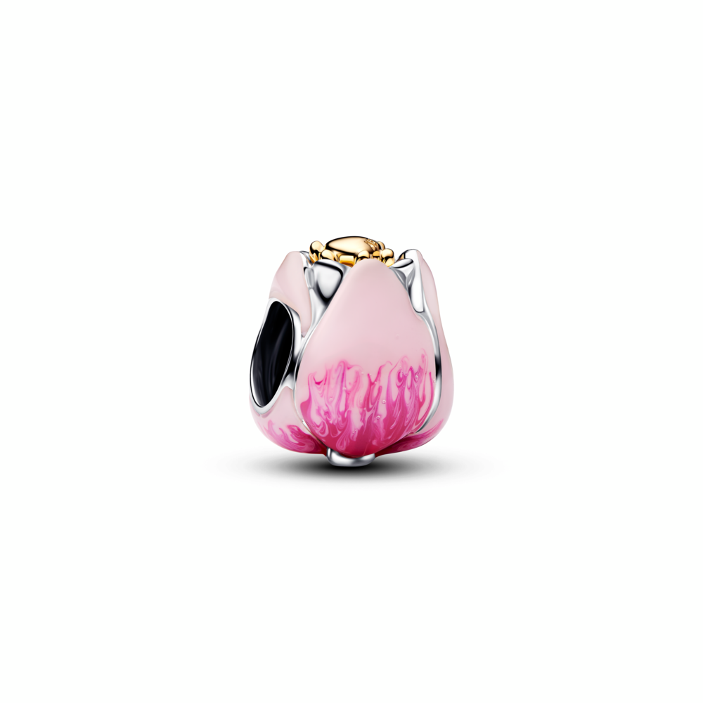 Tulip sterling silver and 14k gold-plated charm with royal green crystal and shaded pink enamel
