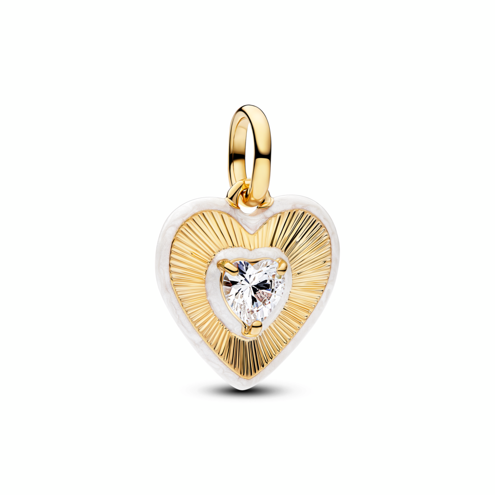 Heart 14k gold-plated medallion with clear cubic zirconia and shimmering white enamel
