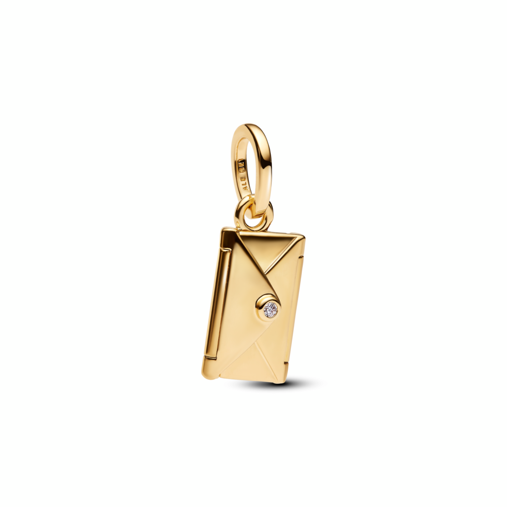 Engravable openable envelope 14k gold-plated dangle with clear cubic zirconia