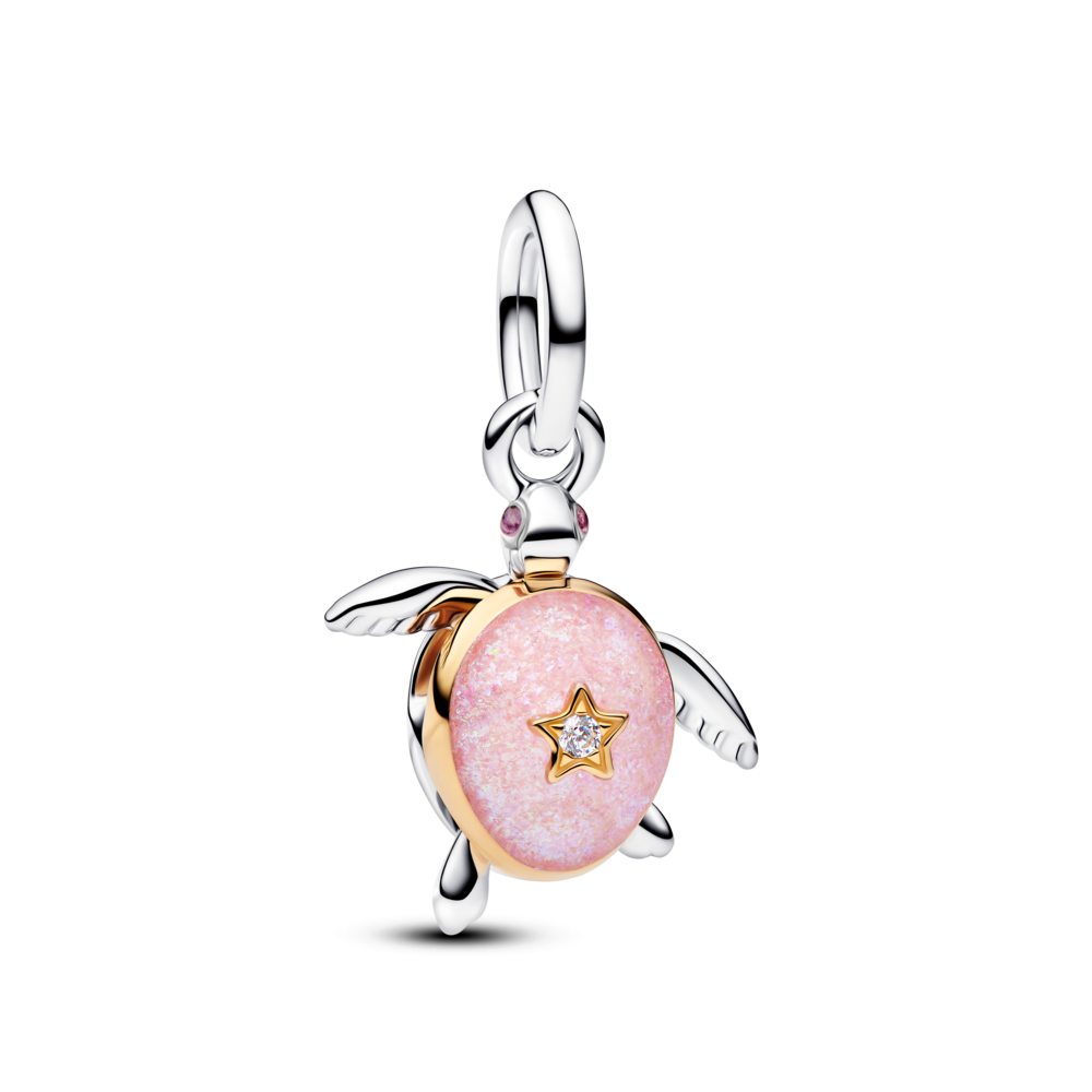 Moveable turtle sterling silver and 14k gold-plated dangle with 0.007 ct TW G-I VS+ round brilliant very good cut lab-grown diamond and pink