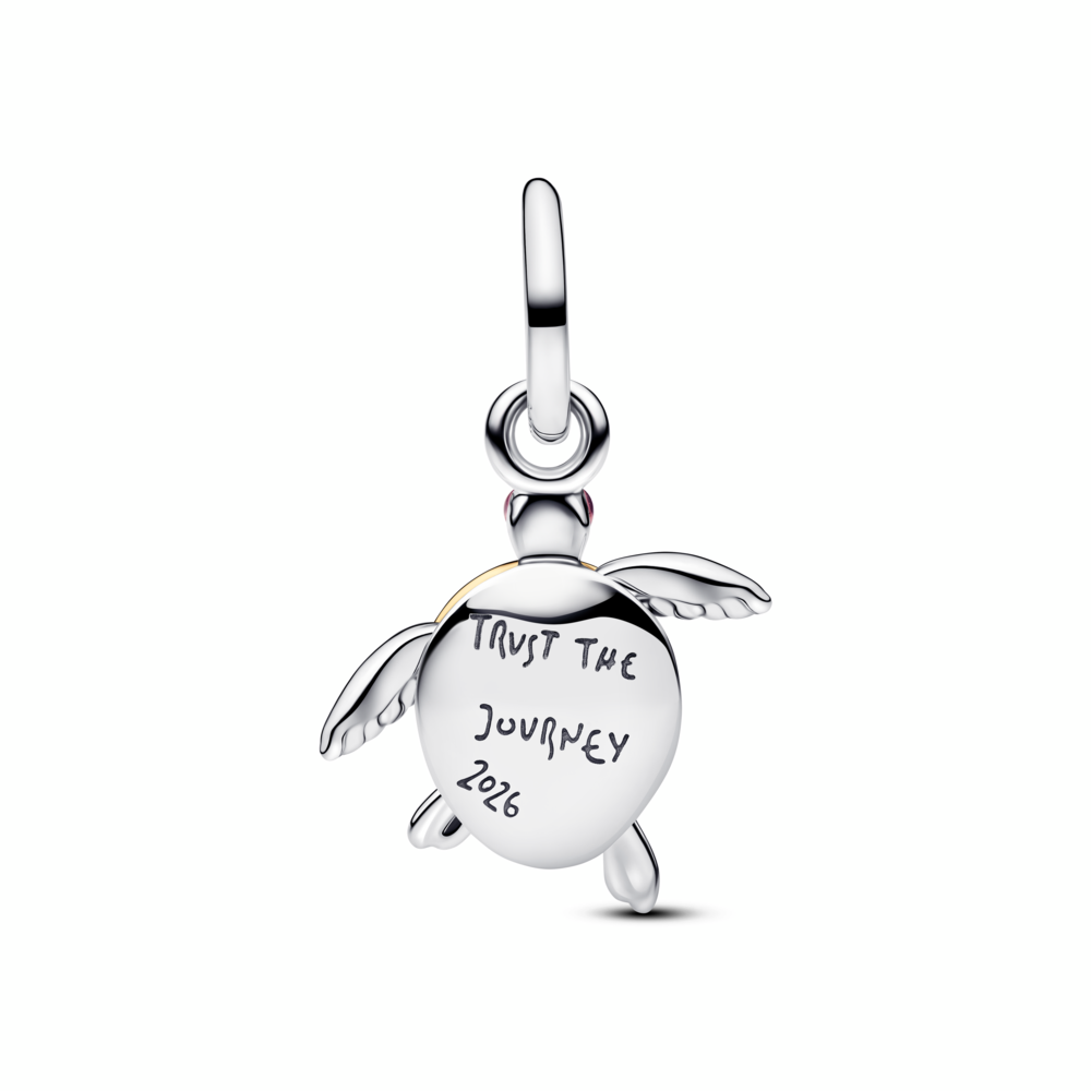 Moveable turtle sterling silver and 14k gold-plated dangle with 0.007 ct TW G-I VS+ round brilliant very good cut lab-grown diamond and pink