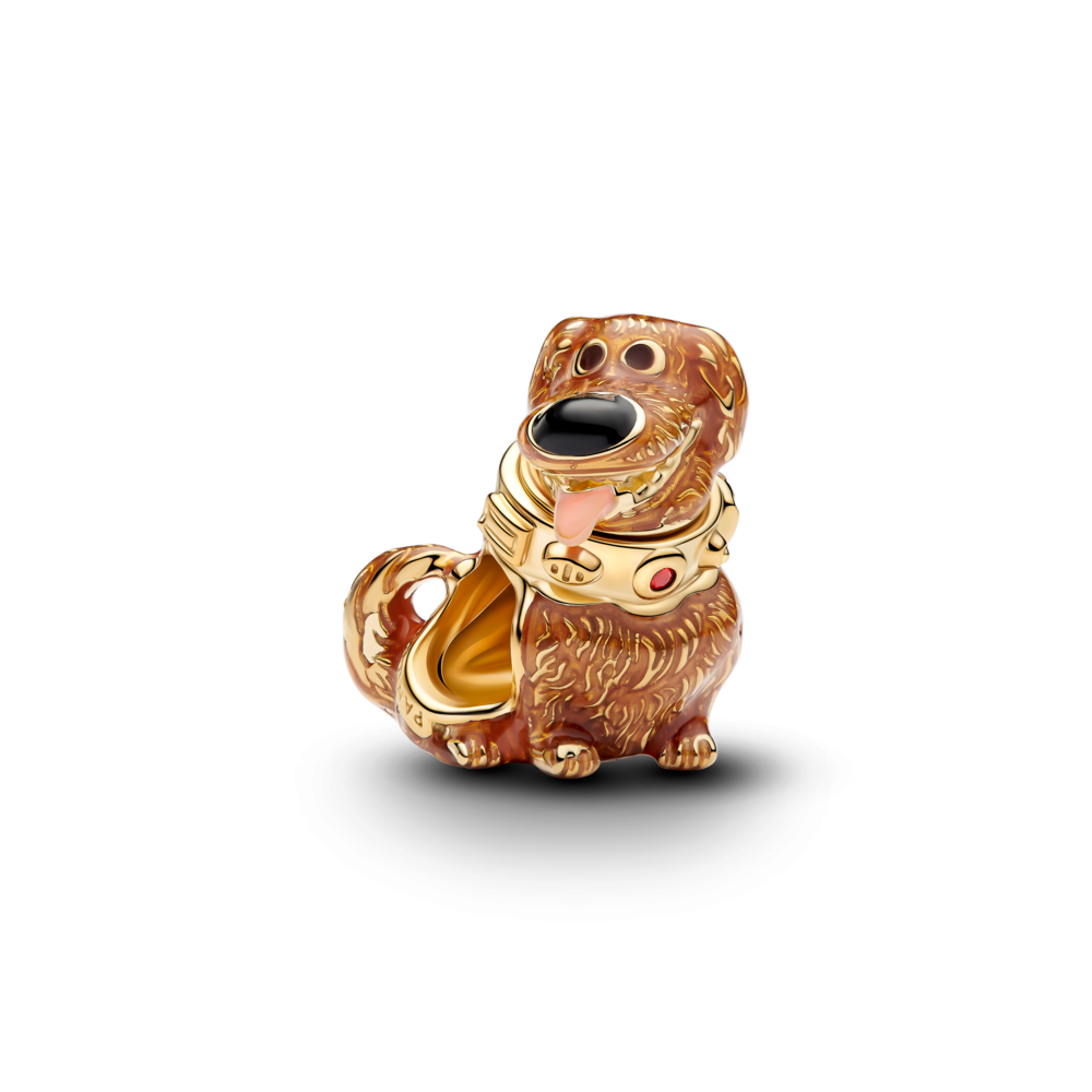 Disney Dug 14k gold-plated charm with salsa red crystal, black and pink enamel