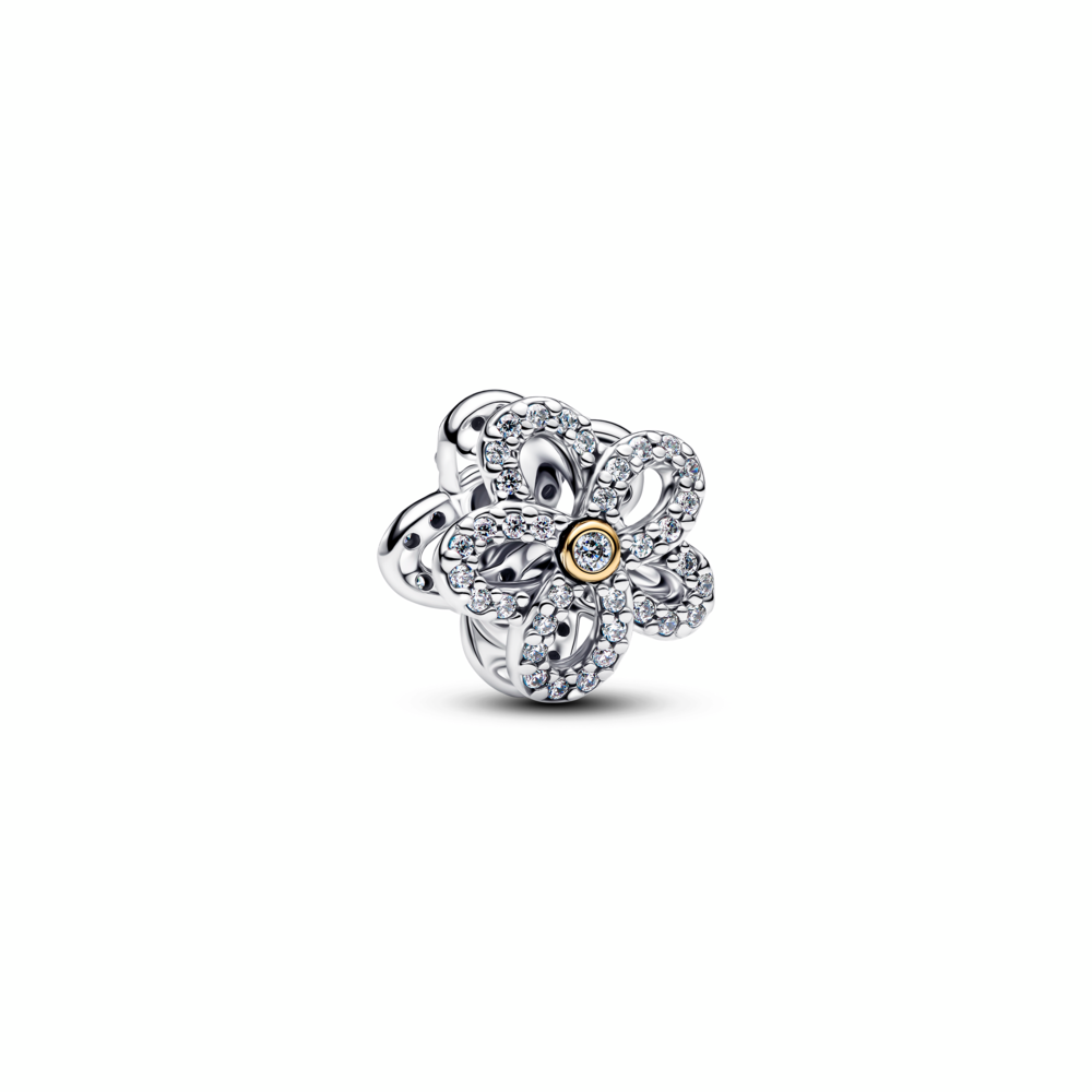 Flower sterling silver and 14k gold-plated charm with clear cubic zirconia