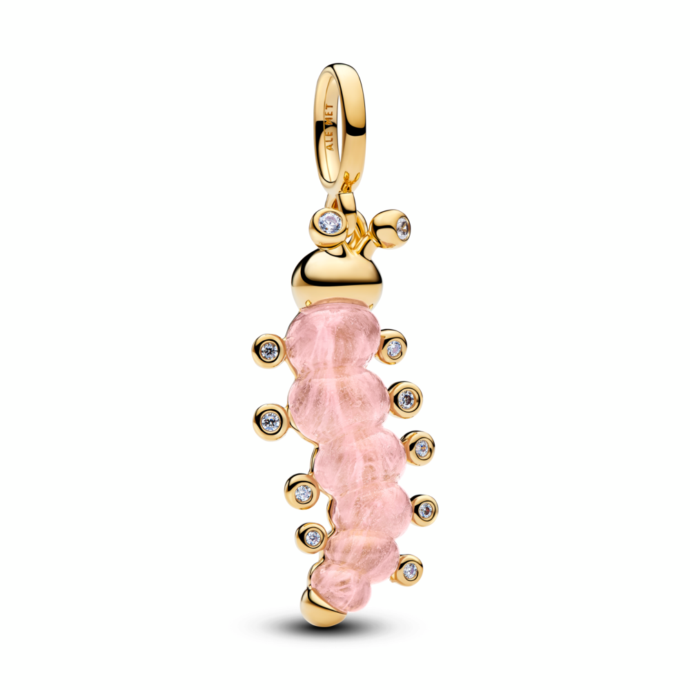 Caterpillar 14k gold-plated dangle with clear cubic zirconia and pink Murano glass