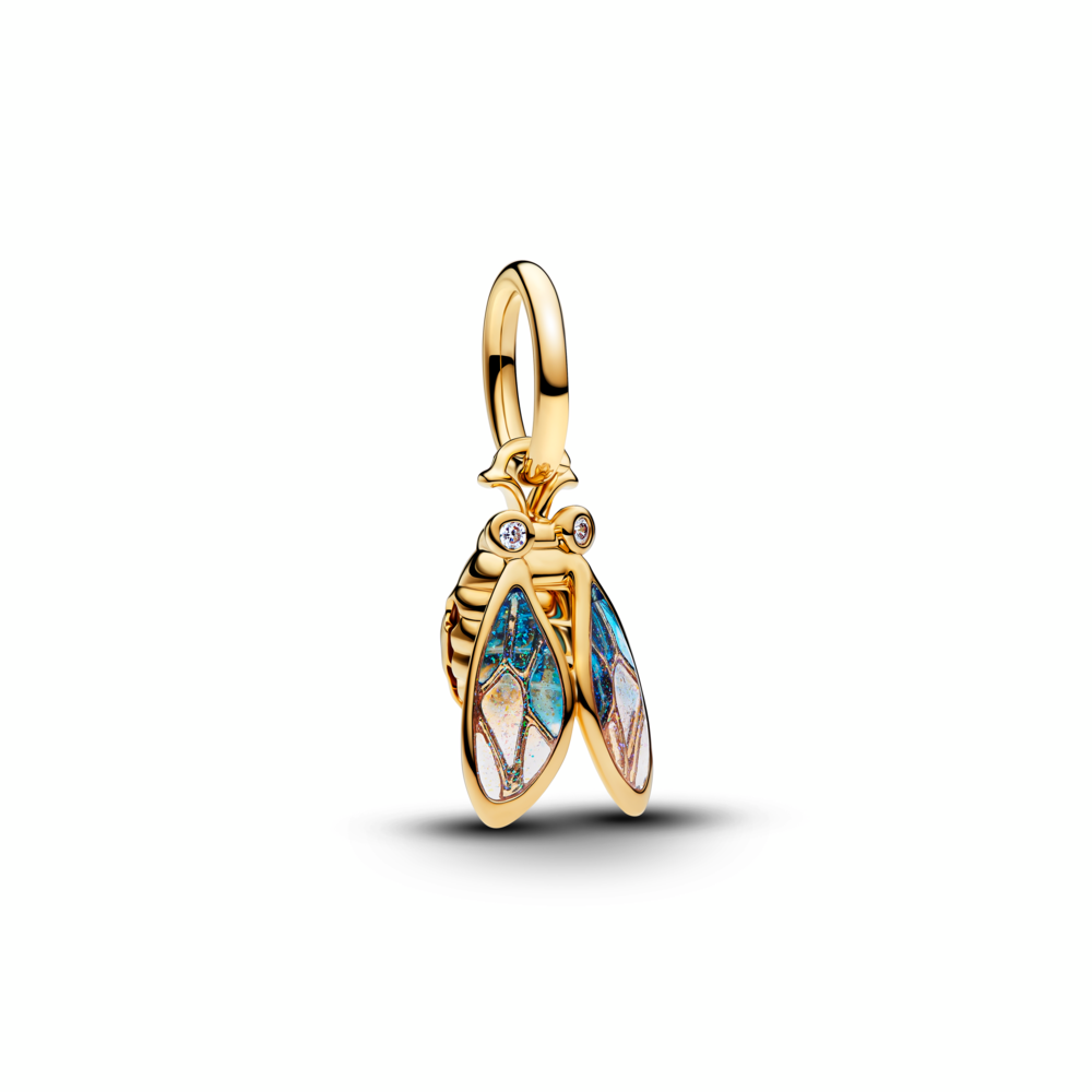 Cicada 14k gold-plated dangle with clear cubic zirconia, glittery blue and purple UV resin