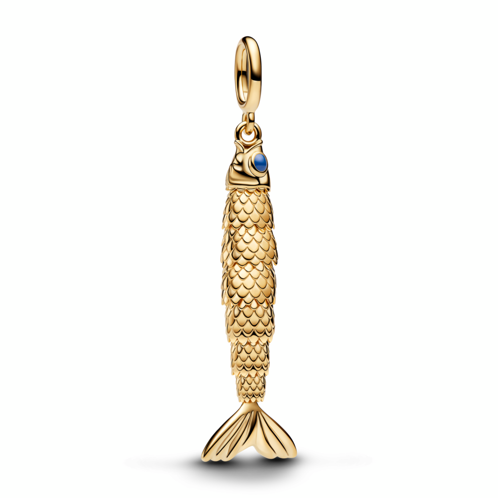 Articulated fish 14k gold-plated dangle with blue enamel