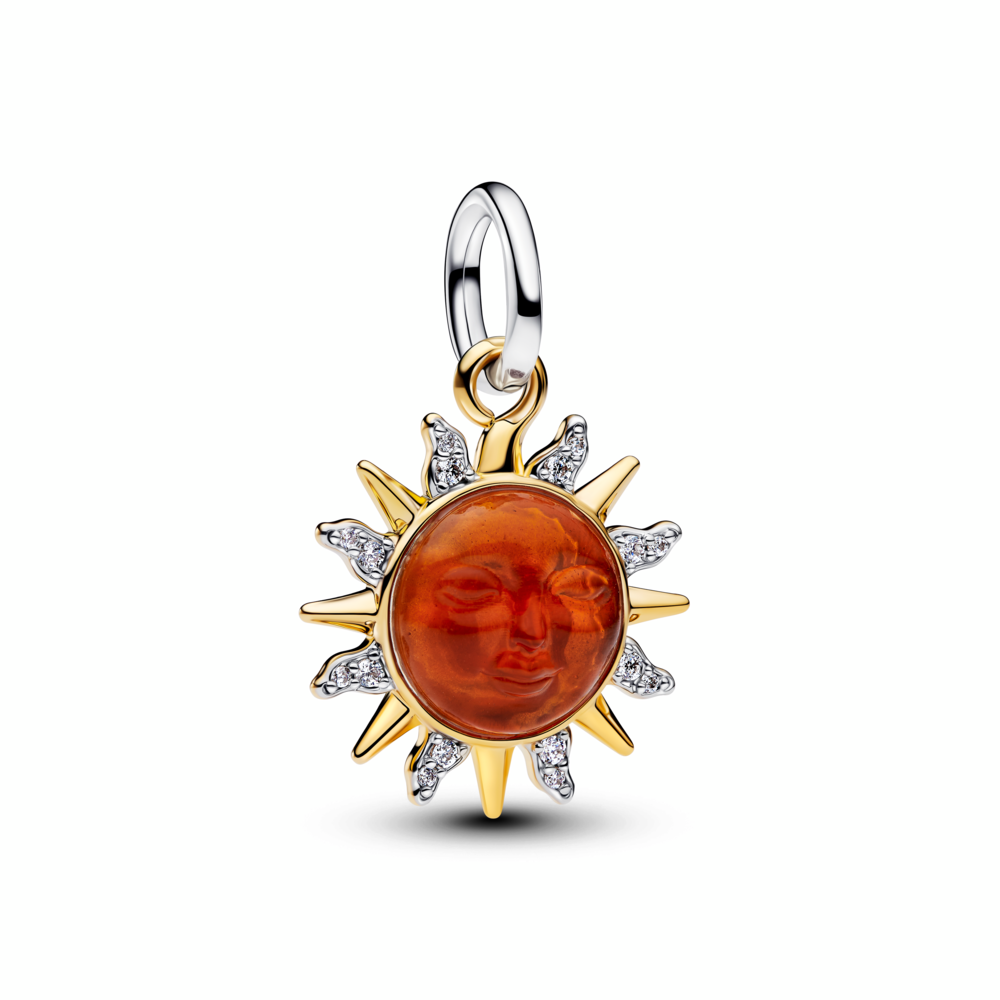 Sun sterling silver and 14k gold-plated dangle with clear cubic zirconia, white bioresin man-made mother of pearl, Murano glass and transpar