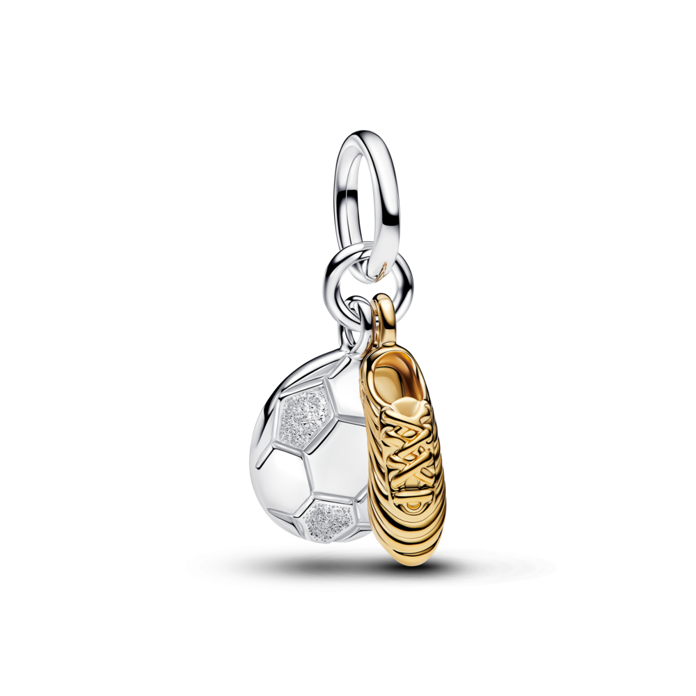Engravable soccer shoe sterling silver and 14k gold-plated double dangle