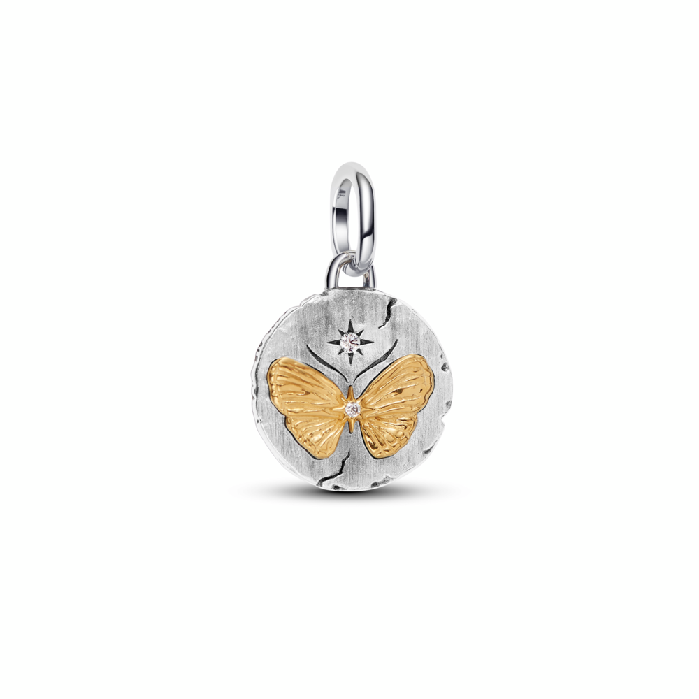 Butterfly sterling silver and 14k gold-plated medallion with clear cubic zirconia