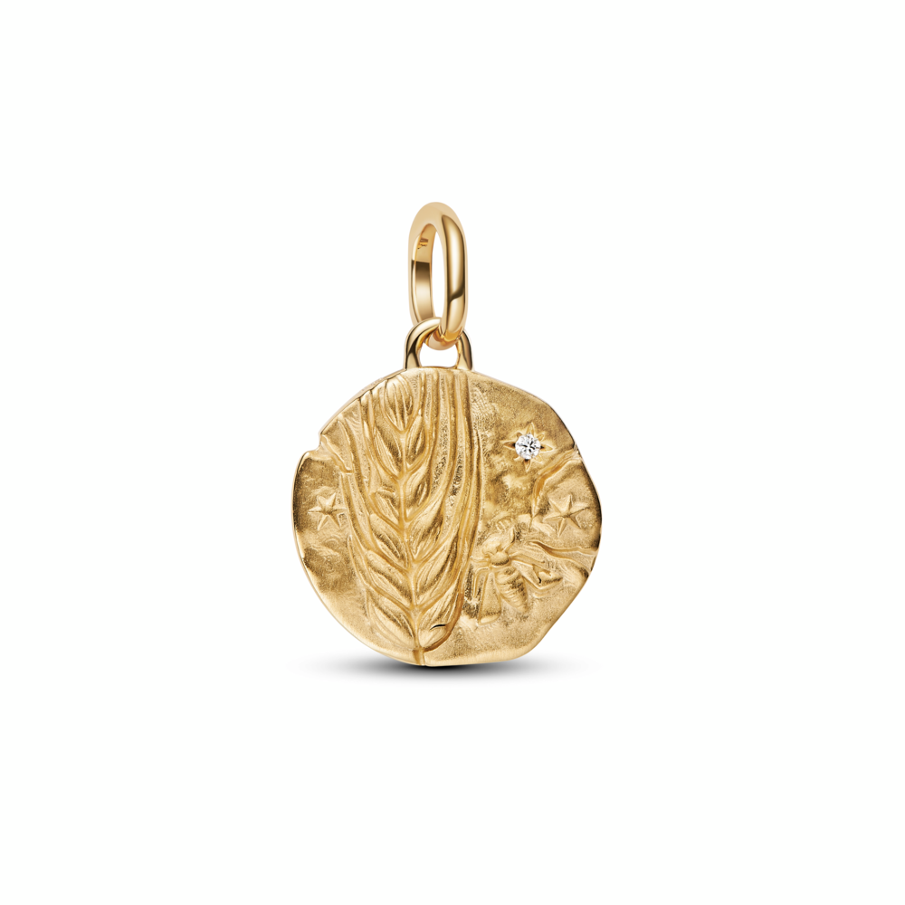 Wheat 14k gold-plated medallion with clear cubic zirconia