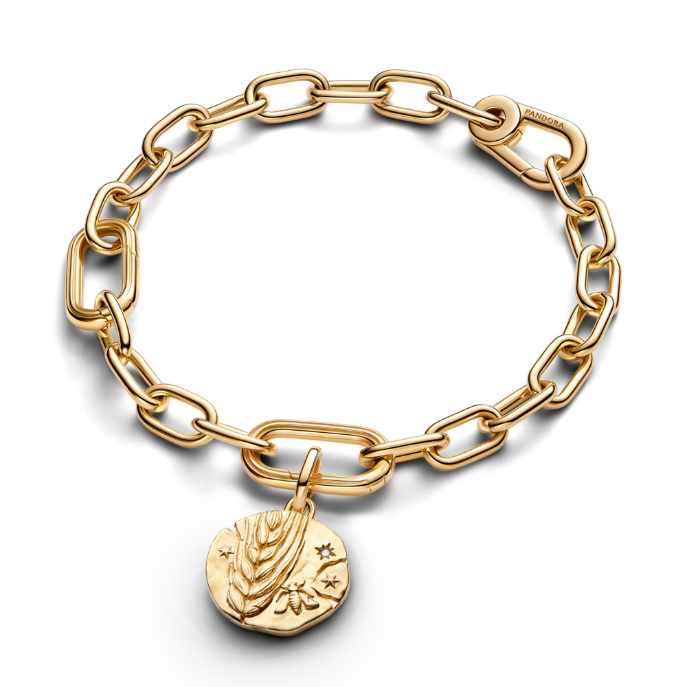Wheat 14k gold-plated medallion with clear cubic zirconia