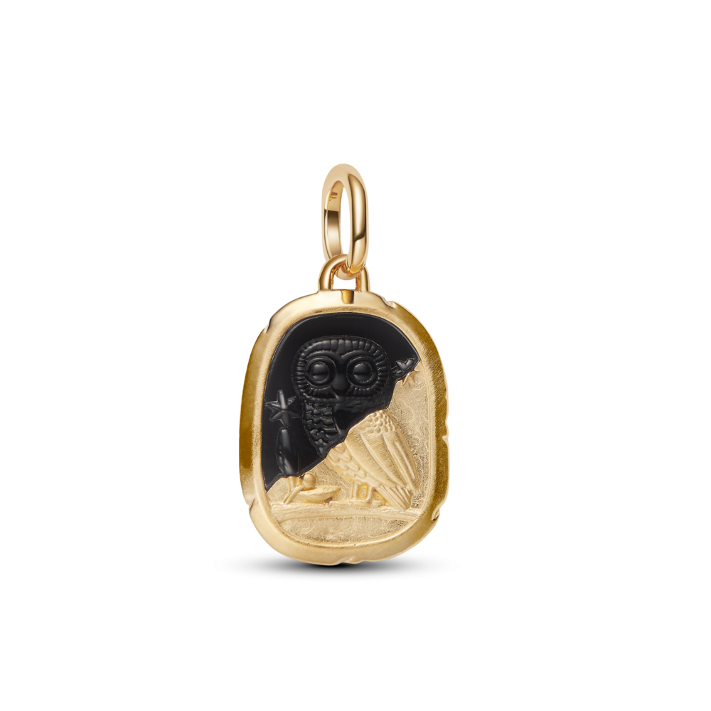 Owl 14k gold-plated medallion with black crystal