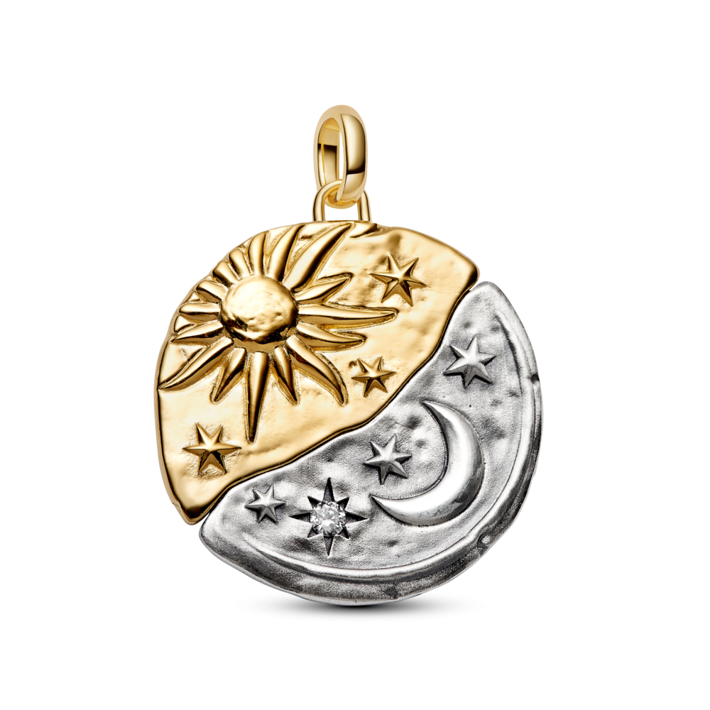 Sun and moon sterling silver and 14k gold-plated medallion with clear cubic zirconia