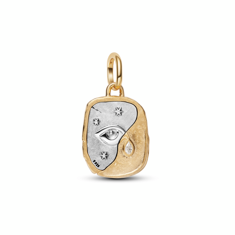 Eye sterling silver and 14k gold-plated medallion with clear cubic zirconia