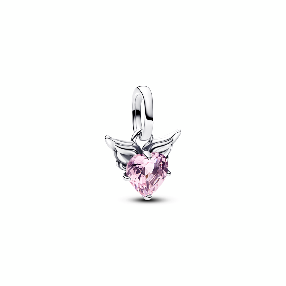 Winged heart sterling silver mini dangle with orchid pink crystal