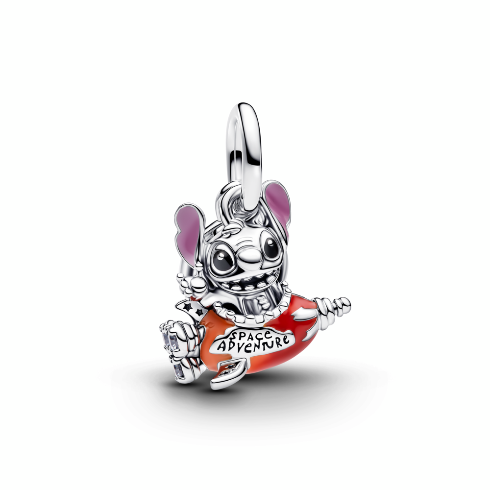 Disney Stitch rocket sterling silver double dangle with clear cubic zirconia, purple, black, red and orange enamel