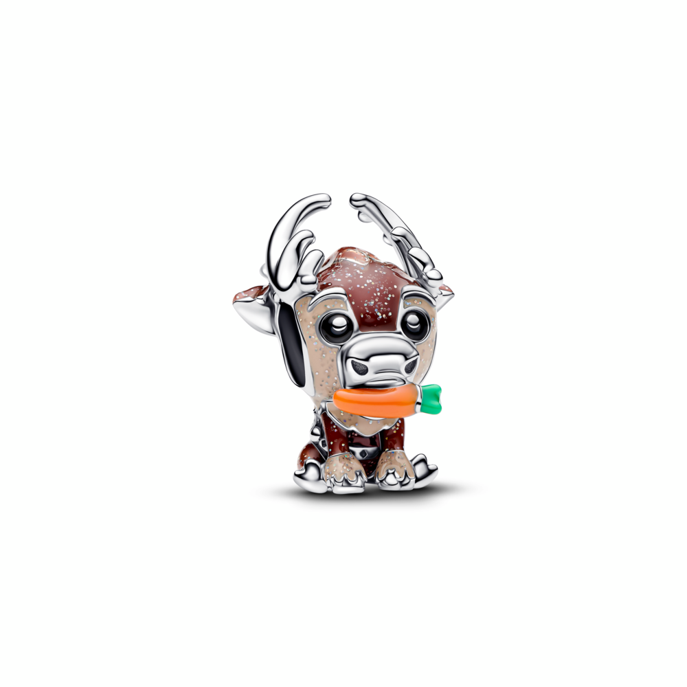Disney Frozen Sven sterling silver charm with glittery brown and beige, orange, red, green and black enamel