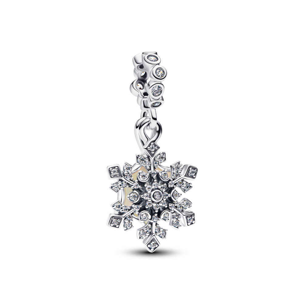 Snowflake and star sterling silver double dangle with clear cubic zirconia and aurora lab-grown opal resin
