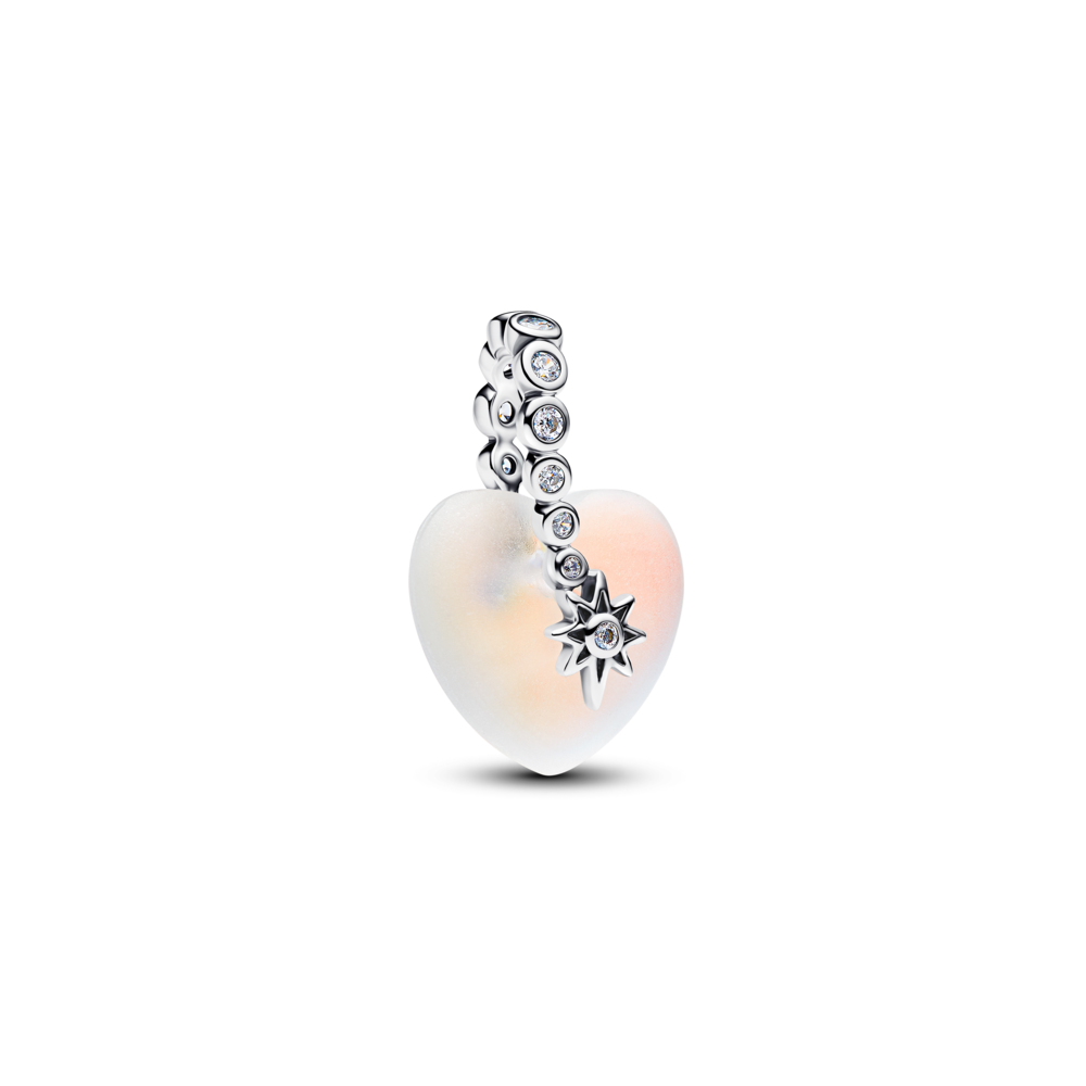 Heart sterling silver dangle with clear cubic zirconia and moonstone iridescent glass