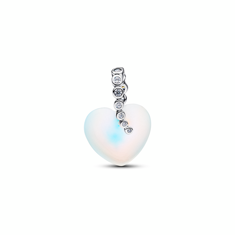 Heart sterling silver dangle with clear cubic zirconia and moonstone iridescent glass