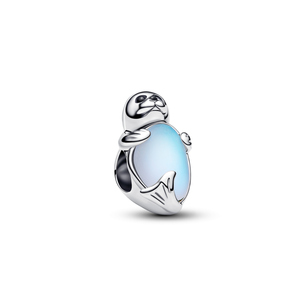 Seal sterling silver charm with black crystal, black enamel and moonstone iridescent glass