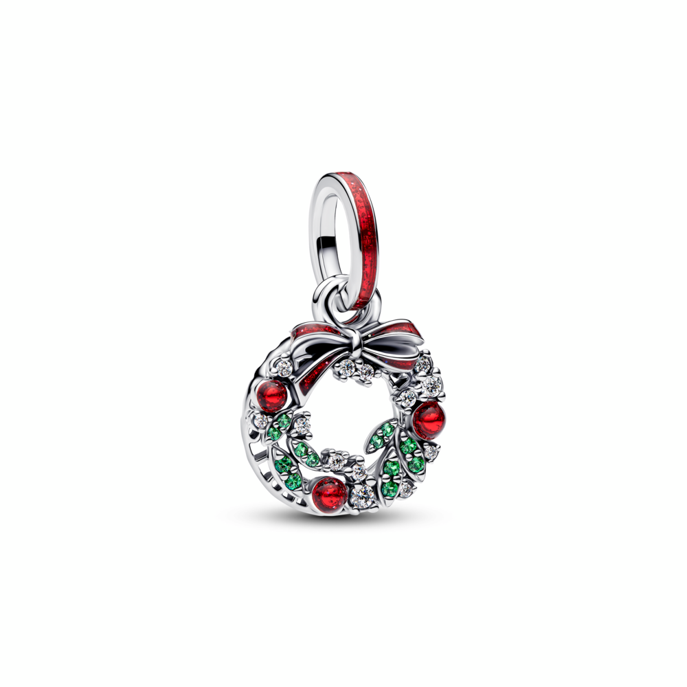 Holiday wreath sterling silver double dangle with clear cubic zirconia, royal green crystal and red glitter enamel