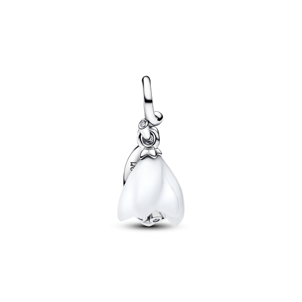 Snowdrop flower sterling silver dangle with clear cubic zirconia and white Murano glass