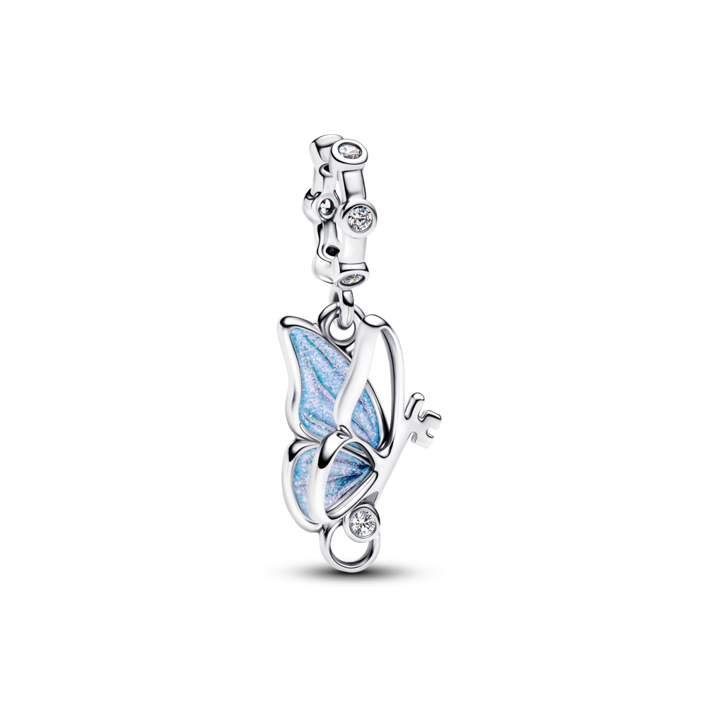 Winged key sterling silver dangle with clear cubic zirconia and shimmering blue enamel