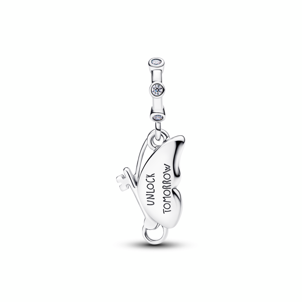 Winged key sterling silver dangle with clear cubic zirconia and shimmering blue enamel