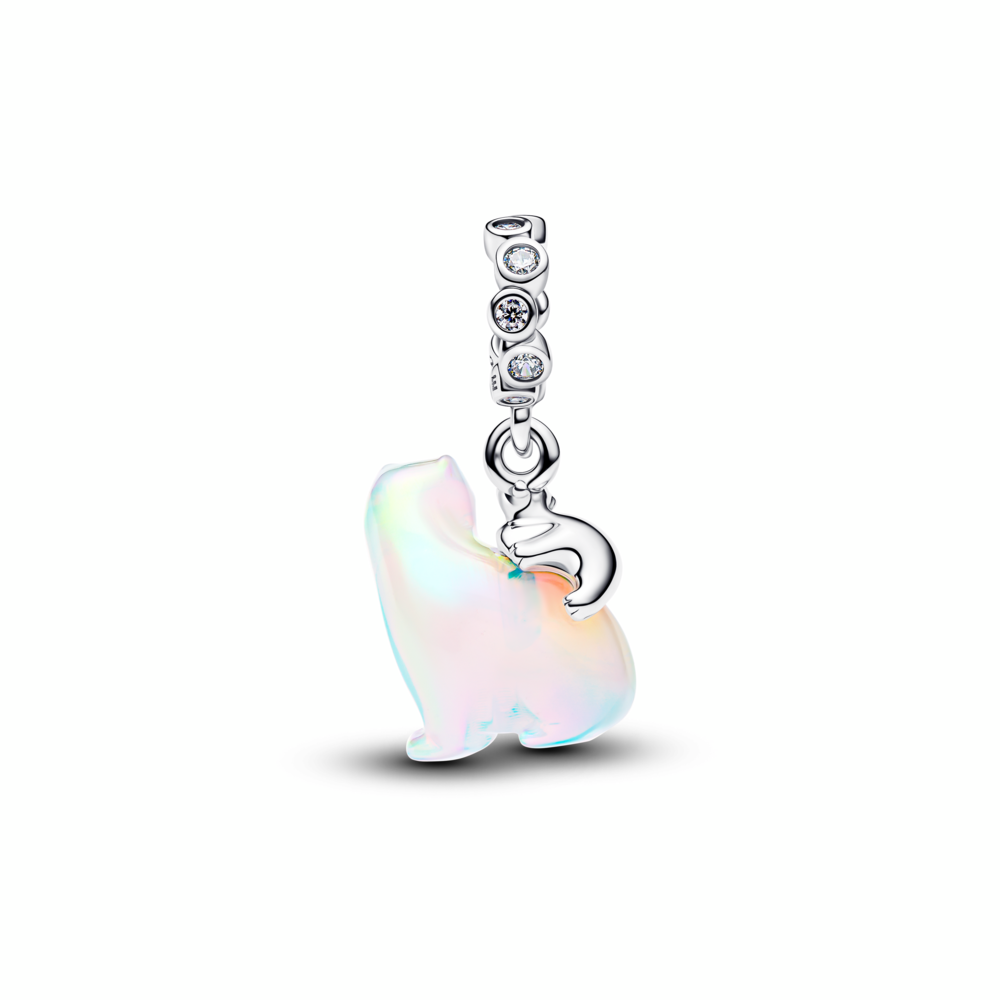 Polarbears sterling silver dangle with clear cubic zirconia and aurora lab-grown opal resin