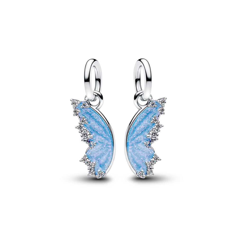 Butterfly sterling silver splittable dangle with clear cubic zirconia and shimmering blue enamel